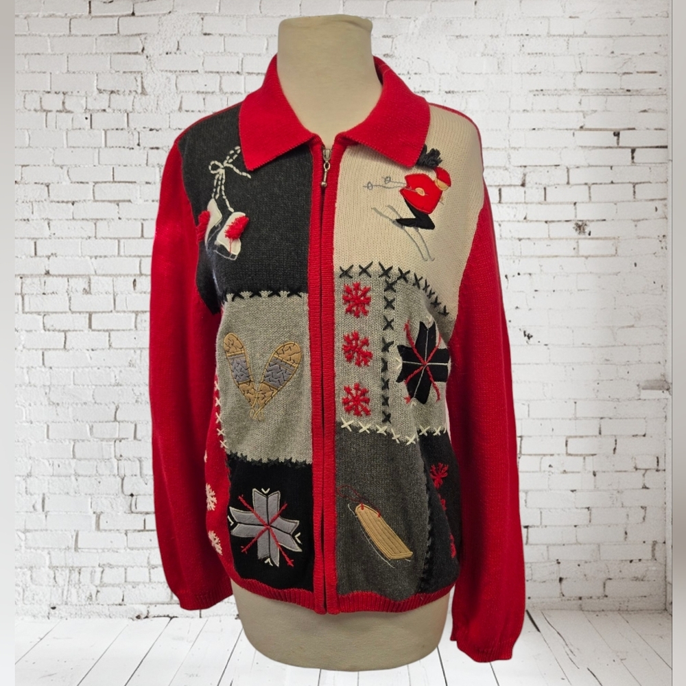 Vintage Field Gear Holiday Zip Front Cardigan Ice Skate Ski Snowshoe Sled Winter